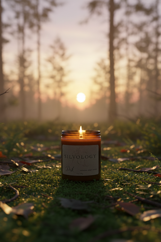 An amber glass jar candle with a black metal lid and a cream paper label reading 'SILVOLOGY' and 'Dusk', placed on a white surface against a light gray speckled wall.