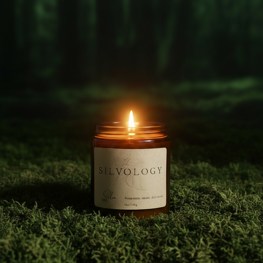 An amber glass jar candle with a black metal lid and a beige paper label reading 'SILVOLOGY' and 'Silva', placed on a white surface against a light speckled wall.