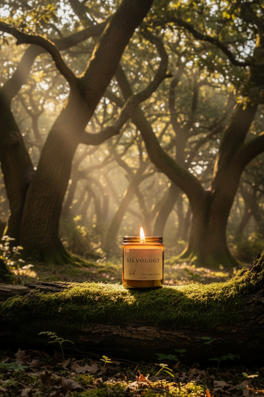 An amber jar candle with 'SILVOLOGY' and 'Oak', sits on a moss-covered log in a sun-dappled forest with large trees in the background.