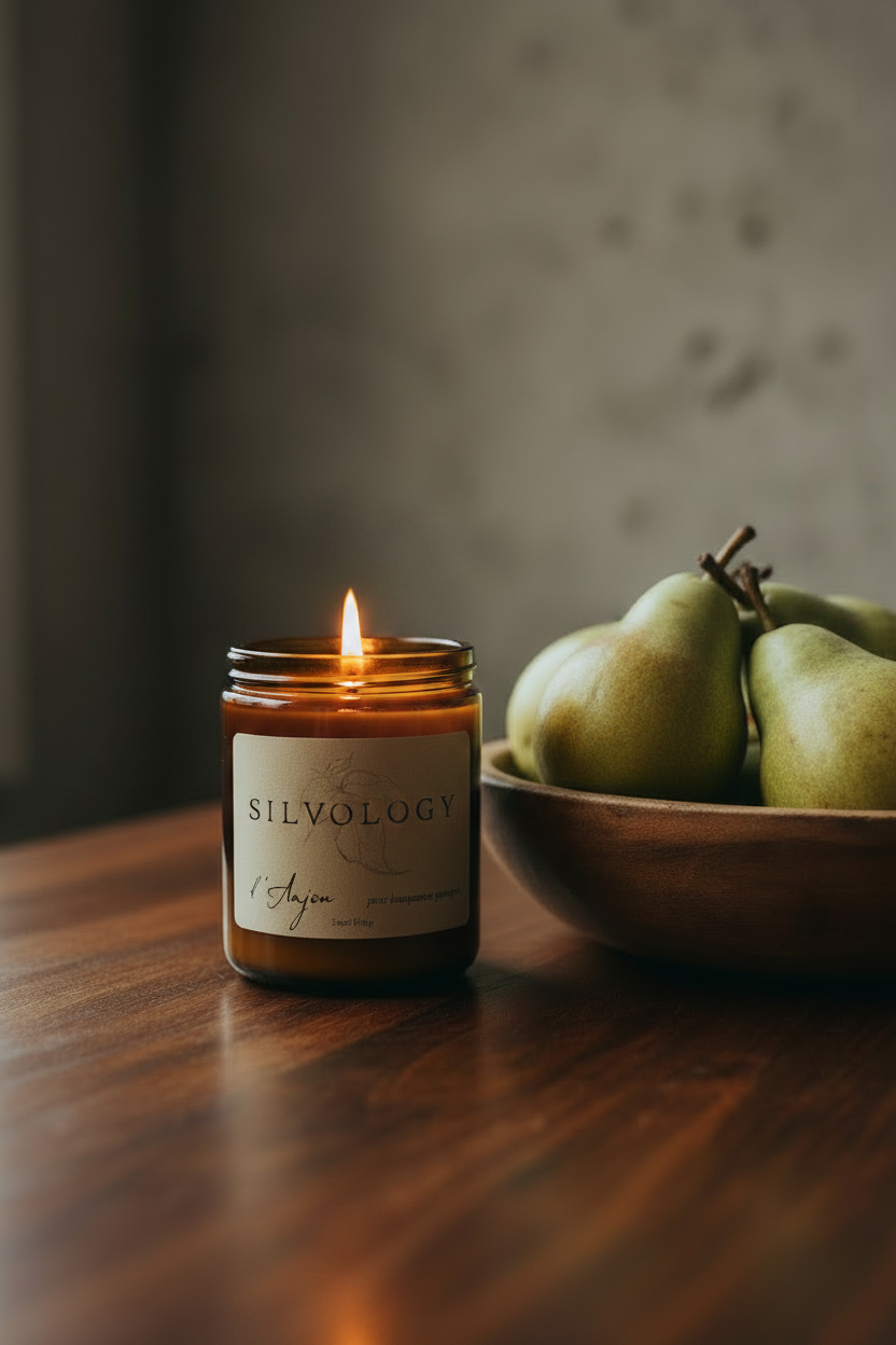 A single amber glass candle jar with a black lid and a cream label reading 'SILVOLOGY' and 'd' Anjou', set on a white surface against a textured white wall.