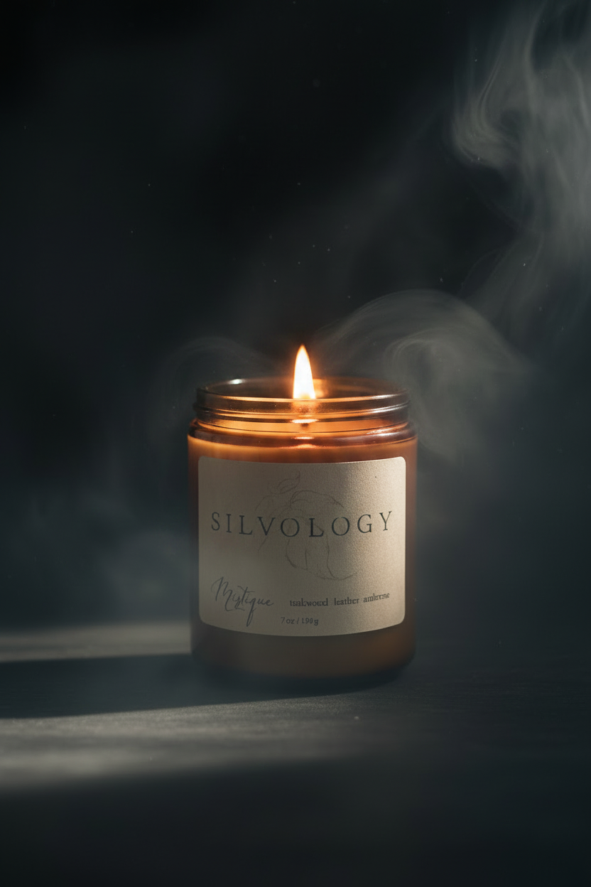 An amber glass jar candle with a black metal lid and a beige paper label reading 'SILVOLOGY' and 'Mistique', set on a white surface against a textured off-white wall.