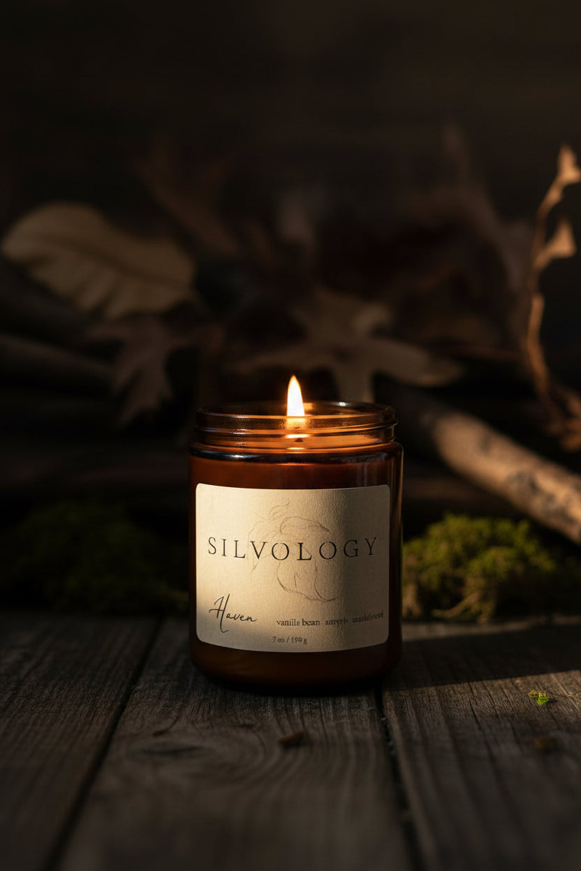 An amber glass jar candle with a black lid and a beige paper label reading 'SILVOLOGY' and 'Haven', placed on a light gray surface against a textured off-white background.
