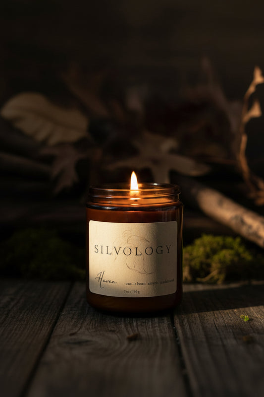 An amber glass jar candle with a black lid and a beige paper label reading 'SILVOLOGY' and 'Haven', placed on a light gray surface against a textured off-white background.
